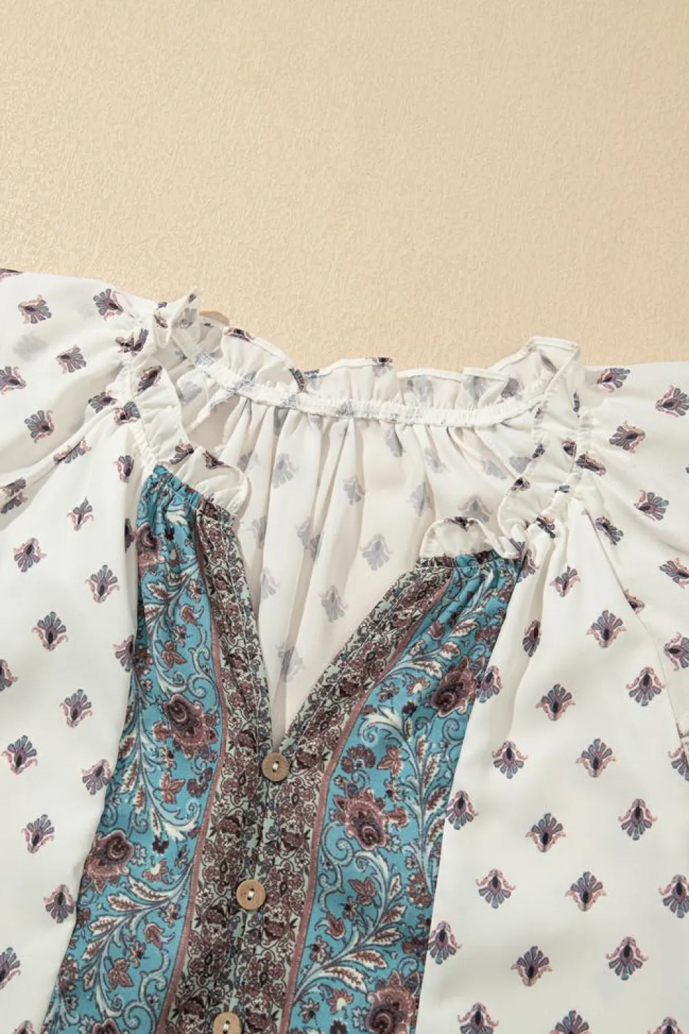 Best Dear-Lover Boho Pattern Tiered Ruffled Sleeve V Neck Buttoned Blouse White