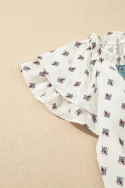 Best Dear-Lover Boho Pattern Tiered Ruffled Sleeve V Neck Buttoned Blouse White