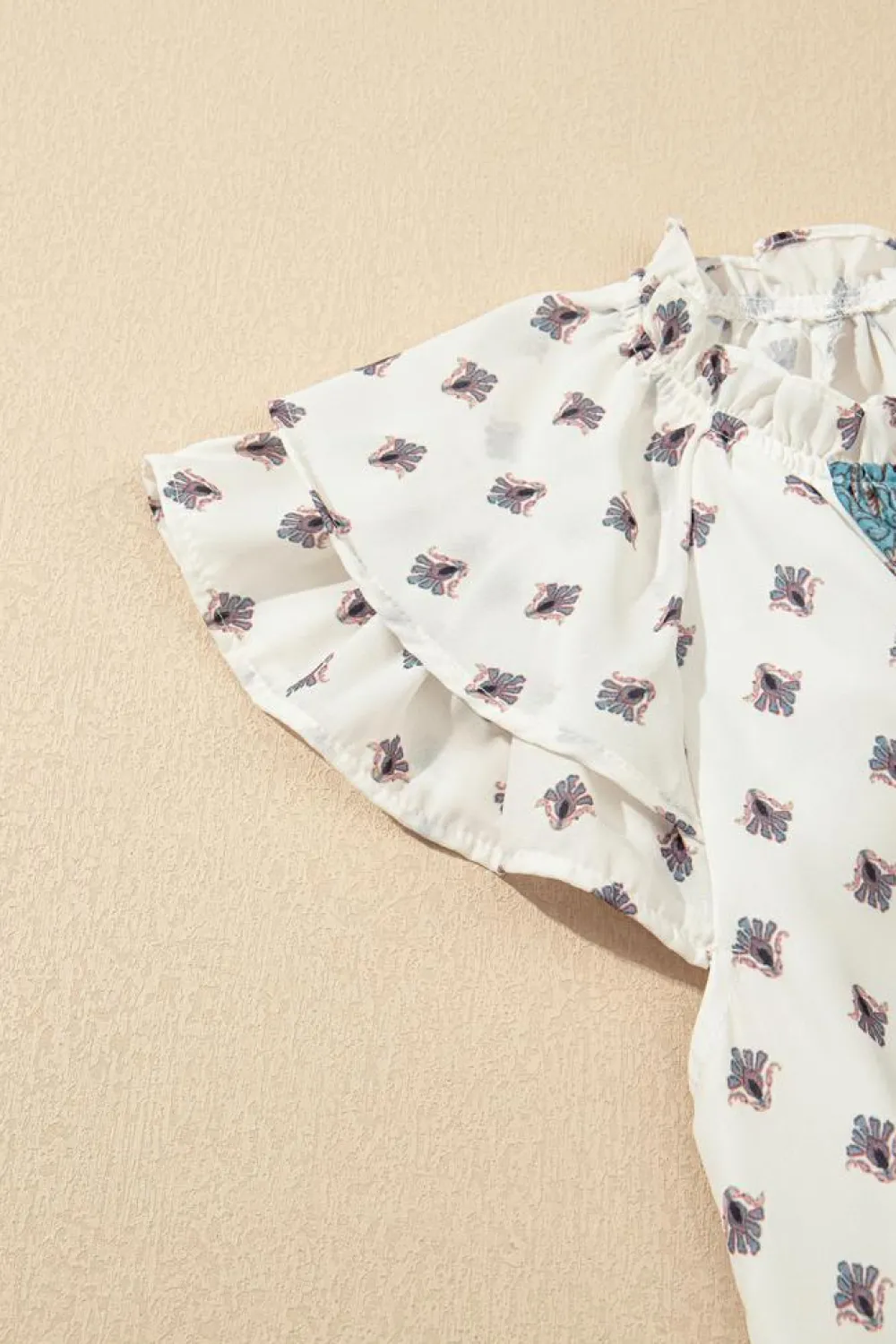 Best Dear-Lover Boho Pattern Tiered Ruffled Sleeve V Neck Buttoned Blouse White