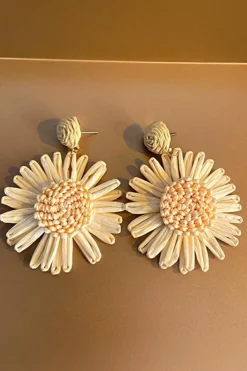 Sale Dear-Lover Boho Raffia Crochet Sunflower Dangle Earrings White
