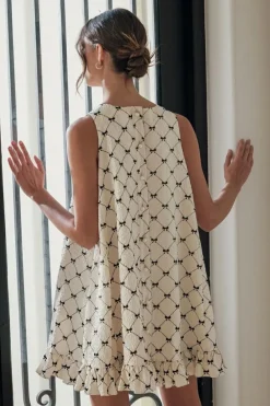 Best Dear-Lover Bow Checker Pearled Buttons Back Ruffled Sleeveless Mini Dress White