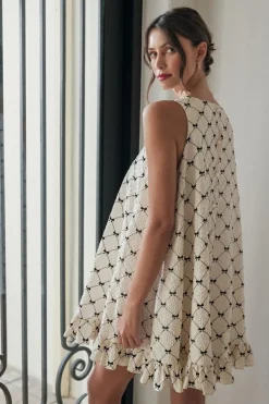 Best Dear-Lover Bow Checker Pearled Buttons Back Ruffled Sleeveless Mini Dress White