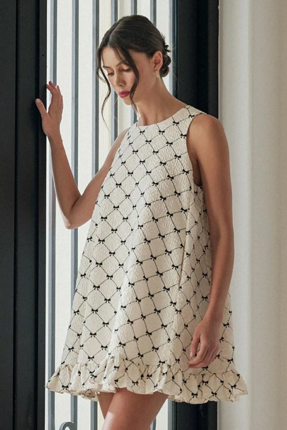 Best Dear-Lover Bow Checker Pearled Buttons Back Ruffled Sleeveless Mini Dress White