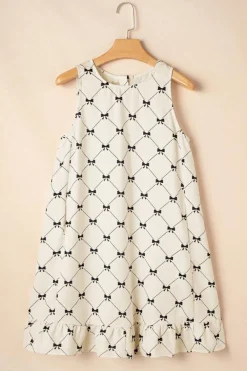 Best Dear-Lover Bow Checker Pearled Buttons Back Ruffled Sleeveless Mini Dress White