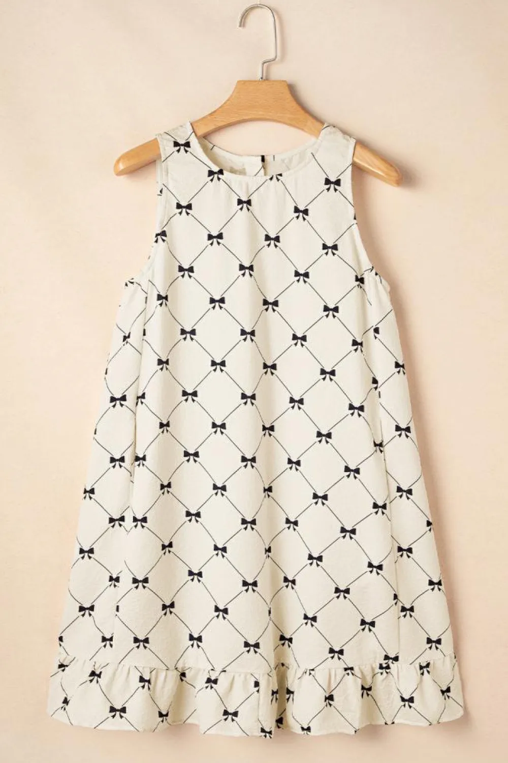 Best Dear-Lover Bow Checker Pearled Buttons Back Ruffled Sleeveless Mini Dress White