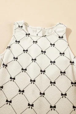 Best Dear-Lover Bow Checker Pearled Buttons Back Ruffled Sleeveless Mini Dress White