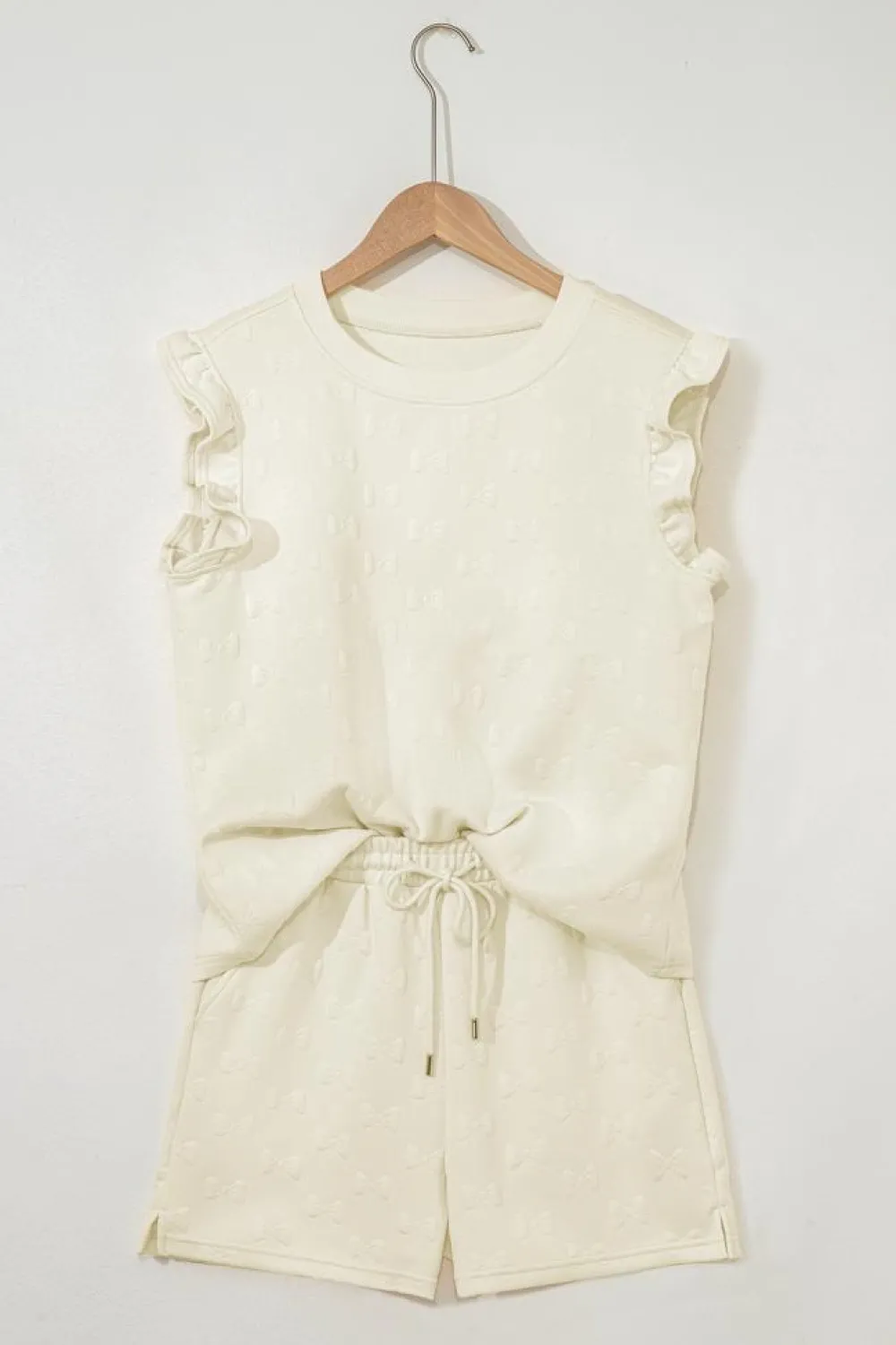 Online Dear-Lover Bow Jacquard Ruffle Sleeve Short 2pcs Outfit White