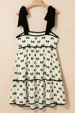 Clearance Dear-Lover Bow Knot Color Contrast Trim Knotted Shoulder Mini Dress White