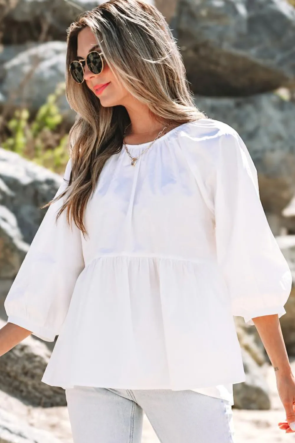 Outlet Dear-Lover Bow Knot Cutout Back Loose Fit 3/4 Sleeve Blouse White