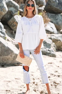 Outlet Dear-Lover Bow Knot Cutout Back Loose Fit 3/4 Sleeve Blouse White