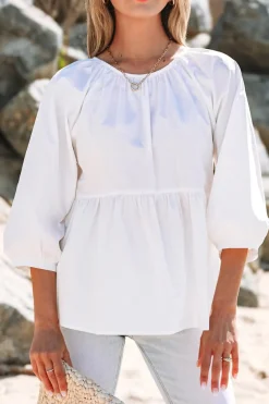 Outlet Dear-Lover Bow Knot Cutout Back Loose Fit 3/4 Sleeve Blouse White