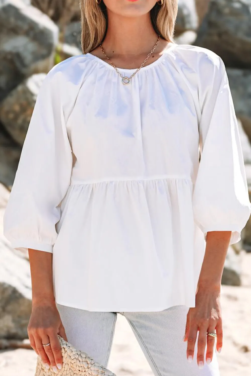 Outlet Dear-Lover Bow Knot Cutout Back Loose Fit 3/4 Sleeve Blouse White