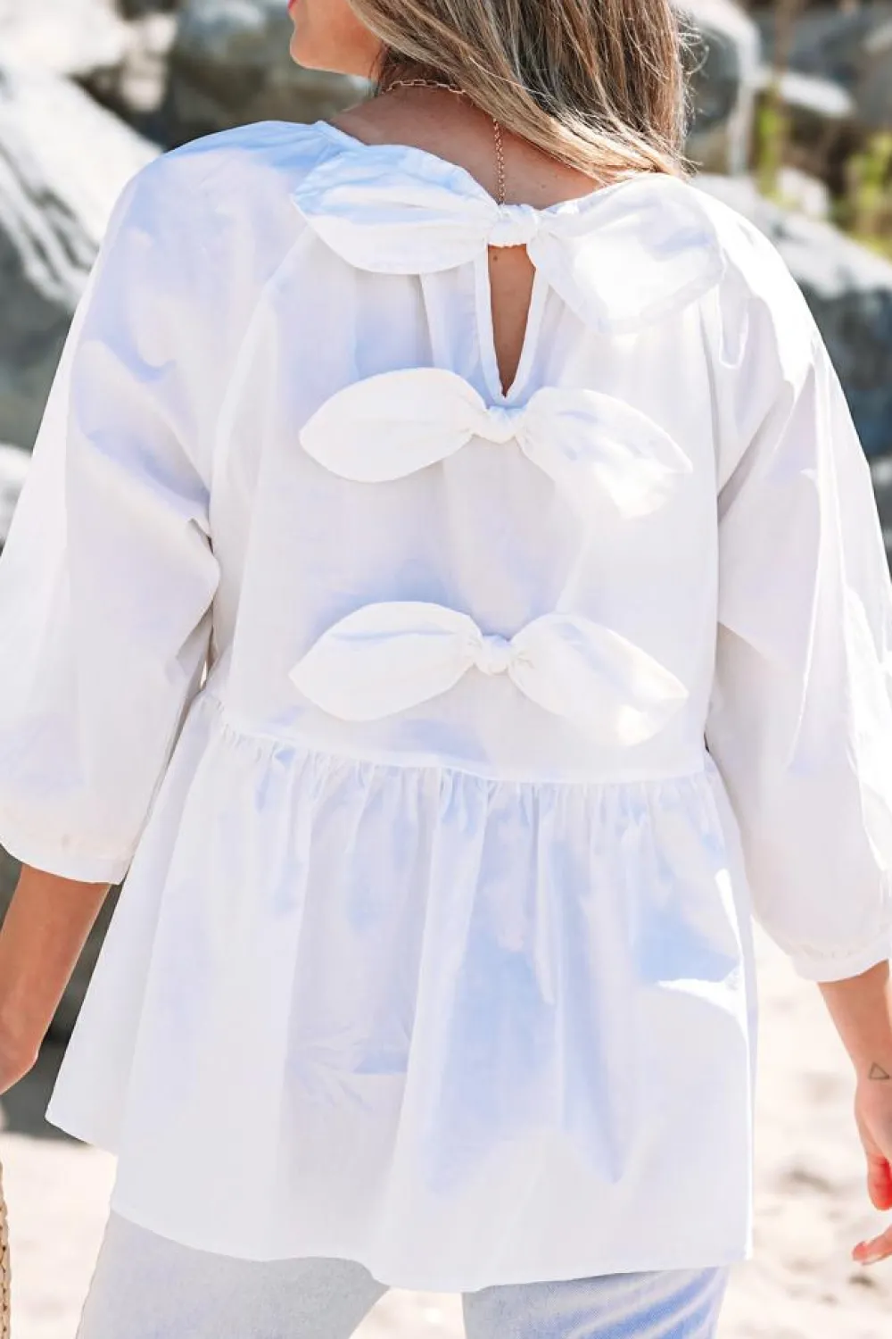Outlet Dear-Lover Bow Knot Cutout Back Loose Fit 3/4 Sleeve Blouse White