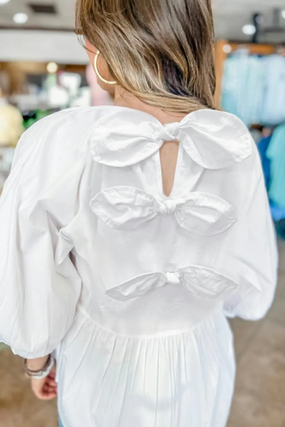 Outlet Dear-Lover Bow Knot Cutout Back Loose Fit 3/4 Sleeve Blouse White