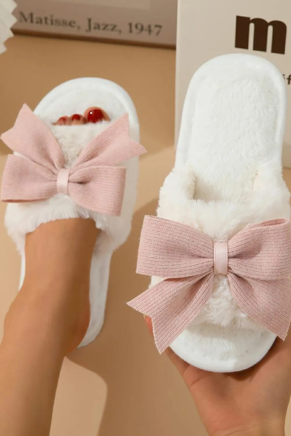 Outlet Dear-Lover Bow Knot Decor Open Toe Plush Slippers White