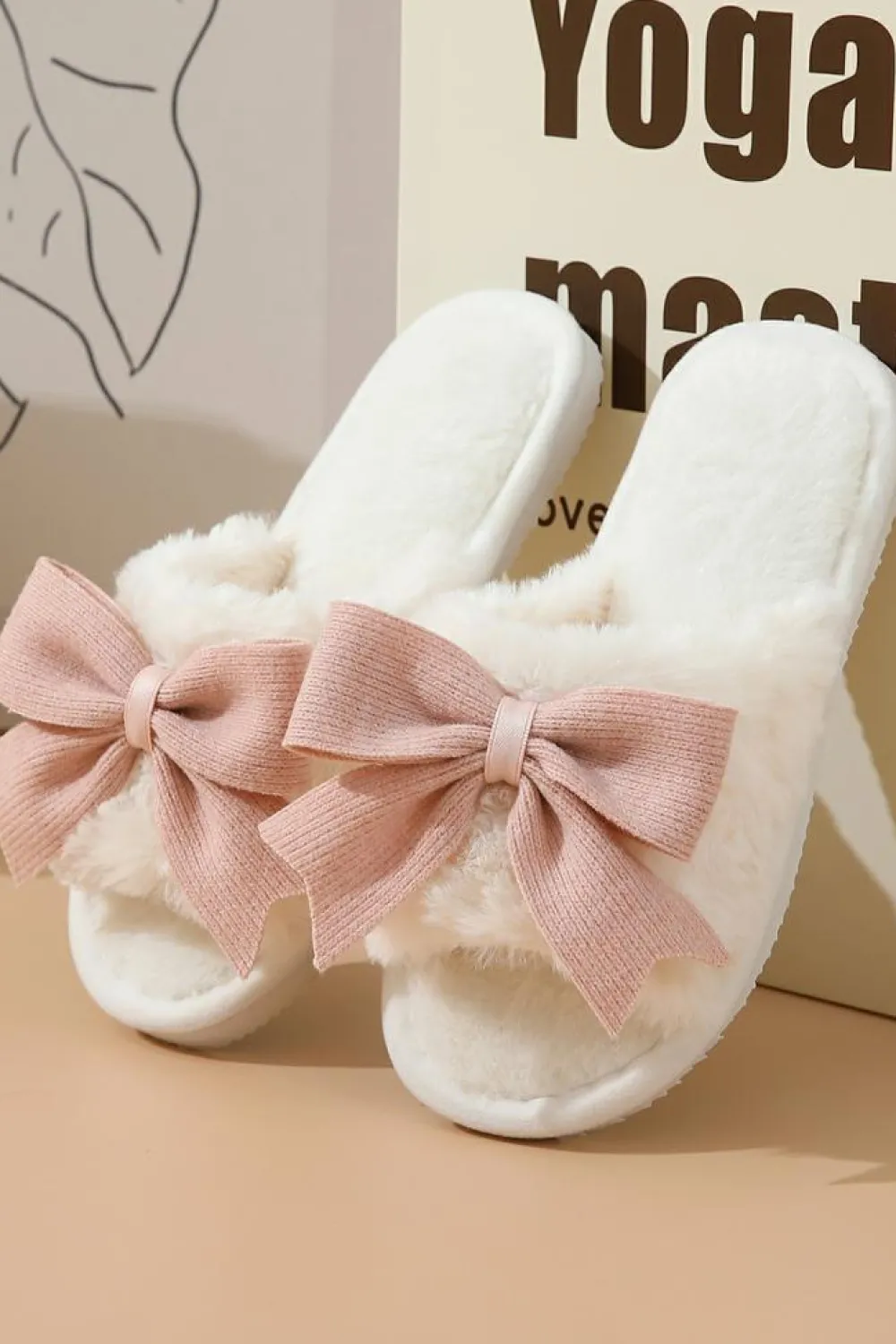 Outlet Dear-Lover Bow Knot Decor Open Toe Plush Slippers White