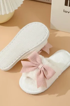 Outlet Dear-Lover Bow Knot Decor Open Toe Plush Slippers White