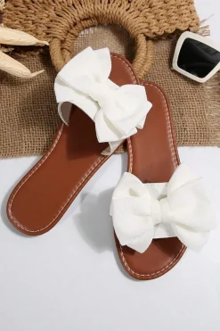 Hot Dear-Lover Bow Knot Decor PU Leather Insole Flat Slippers White