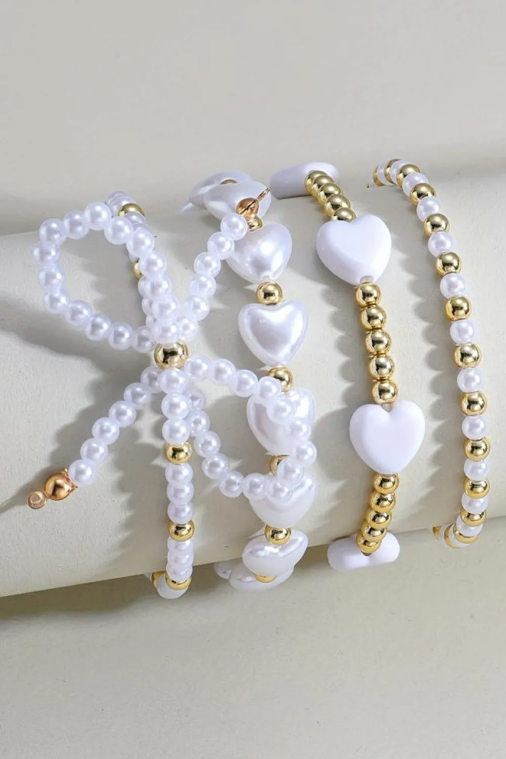 Clearance Dear-Lover Bow Knot Heart Shape Faux Pearl Beaded Bracelet Set White