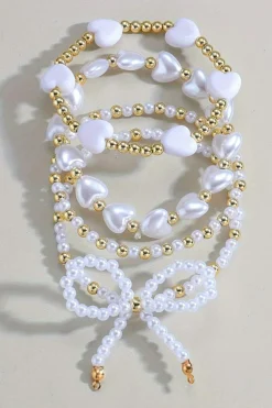 Clearance Dear-Lover Bow Knot Heart Shape Faux Pearl Beaded Bracelet Set White