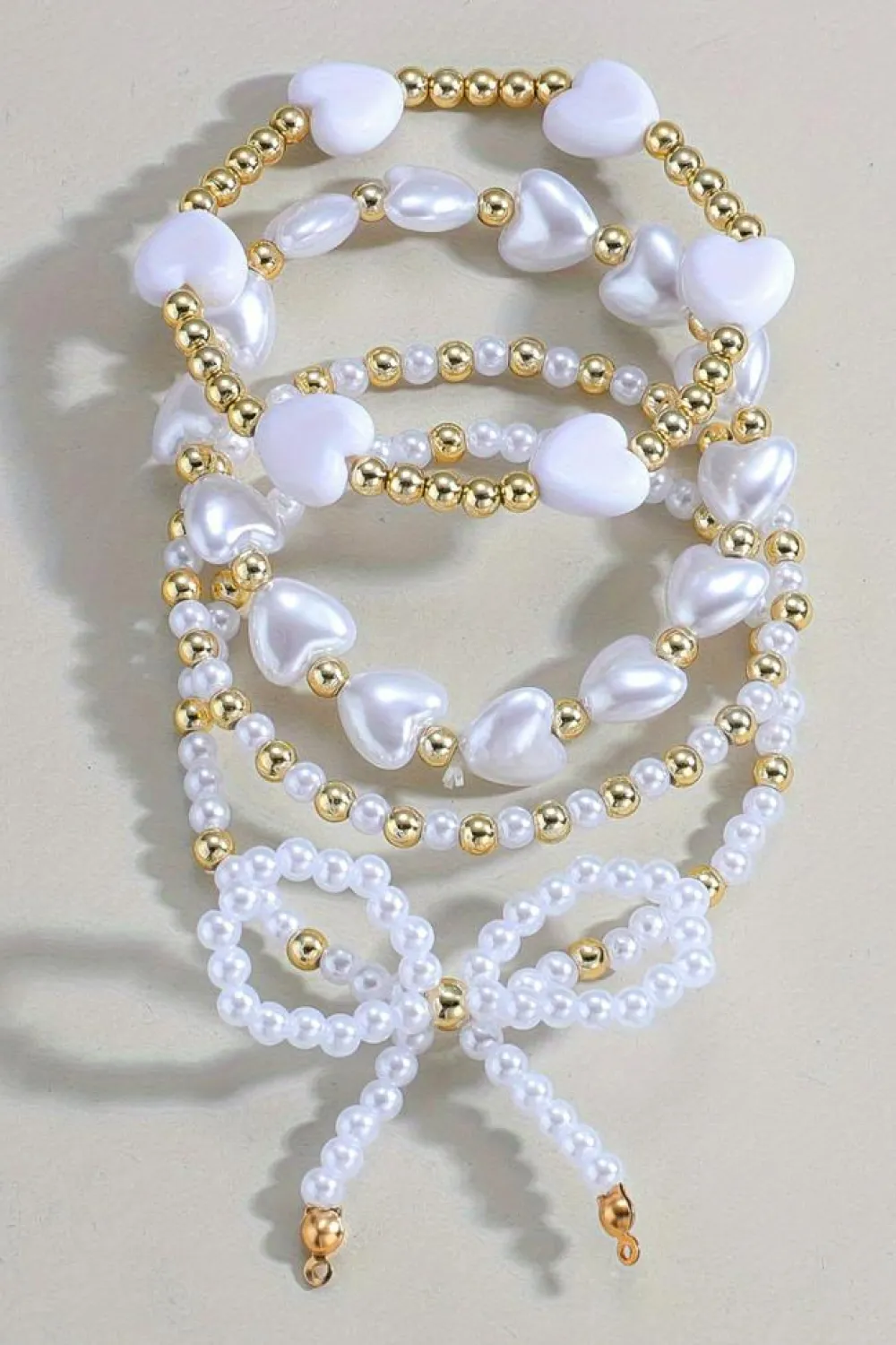 Clearance Dear-Lover Bow Knot Heart Shape Faux Pearl Beaded Bracelet Set White