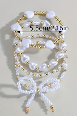 Clearance Dear-Lover Bow Knot Heart Shape Faux Pearl Beaded Bracelet Set White