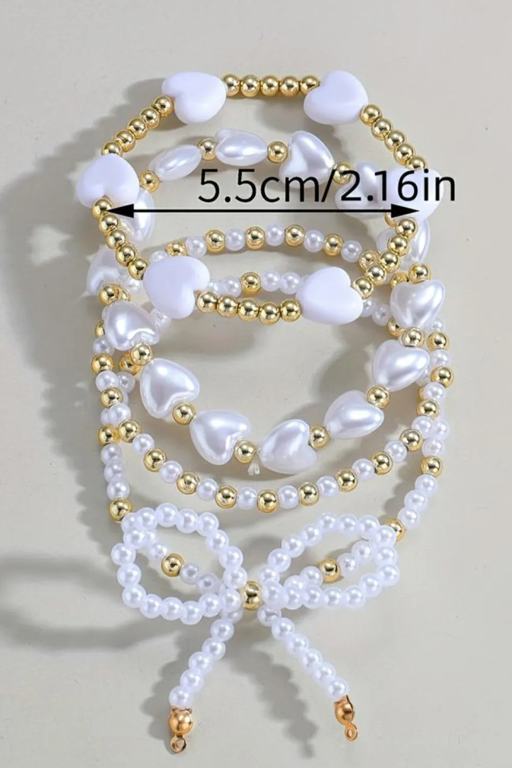 Clearance Dear-Lover Bow Knot Heart Shape Faux Pearl Beaded Bracelet Set White