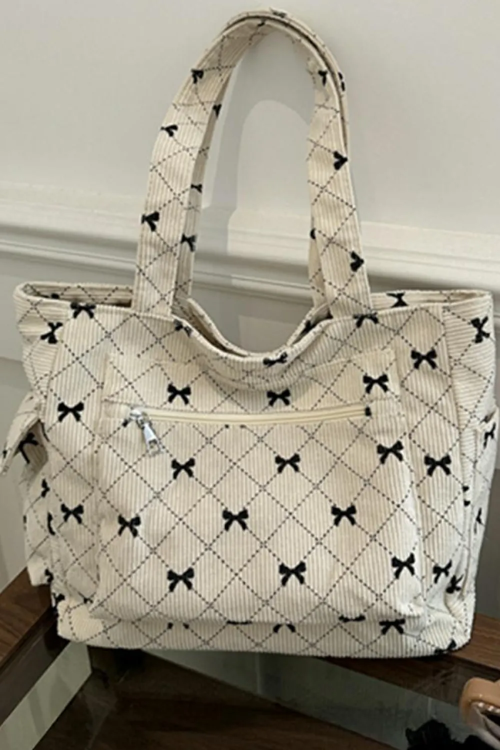 Discount Dear-Lover Bow Knot Plaid Print Large Tote Bag White