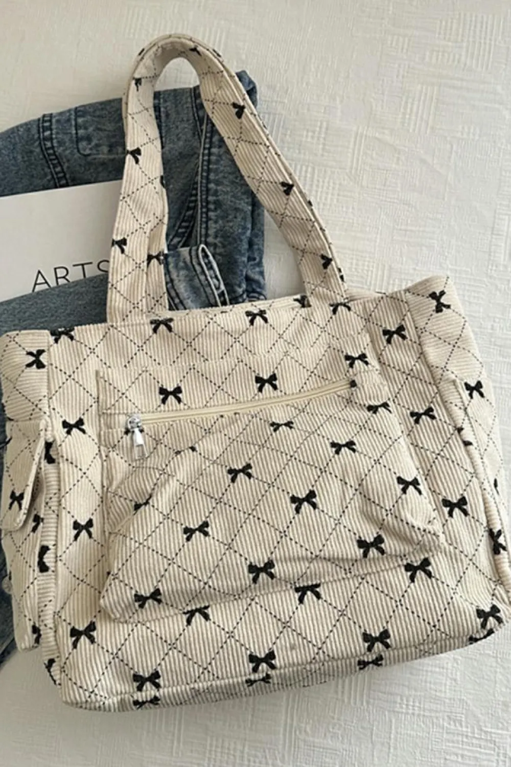 Discount Dear-Lover Bow Knot Plaid Print Large Tote Bag White