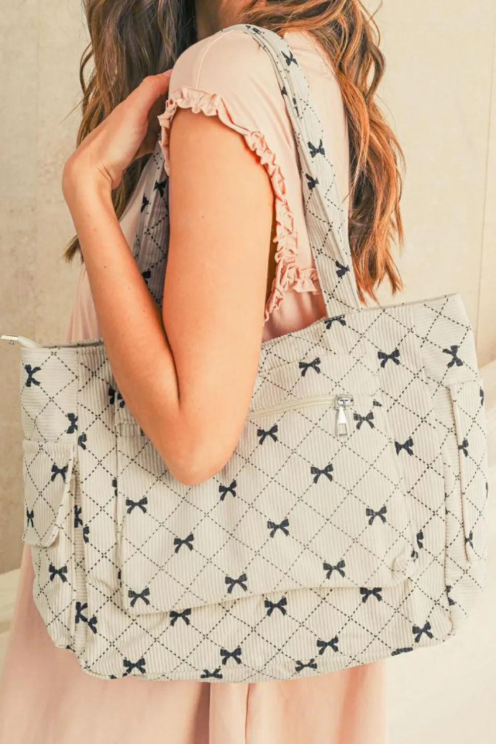 Discount Dear-Lover Bow Knot Plaid Print Large Tote Bag White