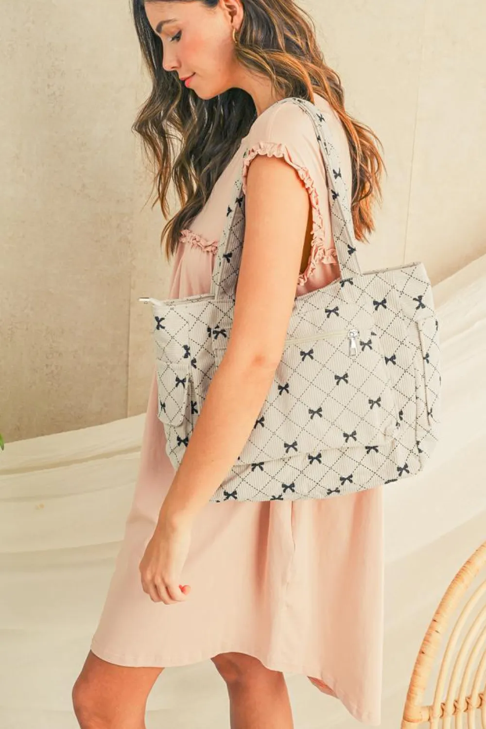 Discount Dear-Lover Bow Knot Plaid Print Large Tote Bag White