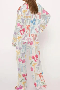 Clearance Dear-Lover Bow Knot Print Lapel Collar Wide Leg Satin Pajama Set White