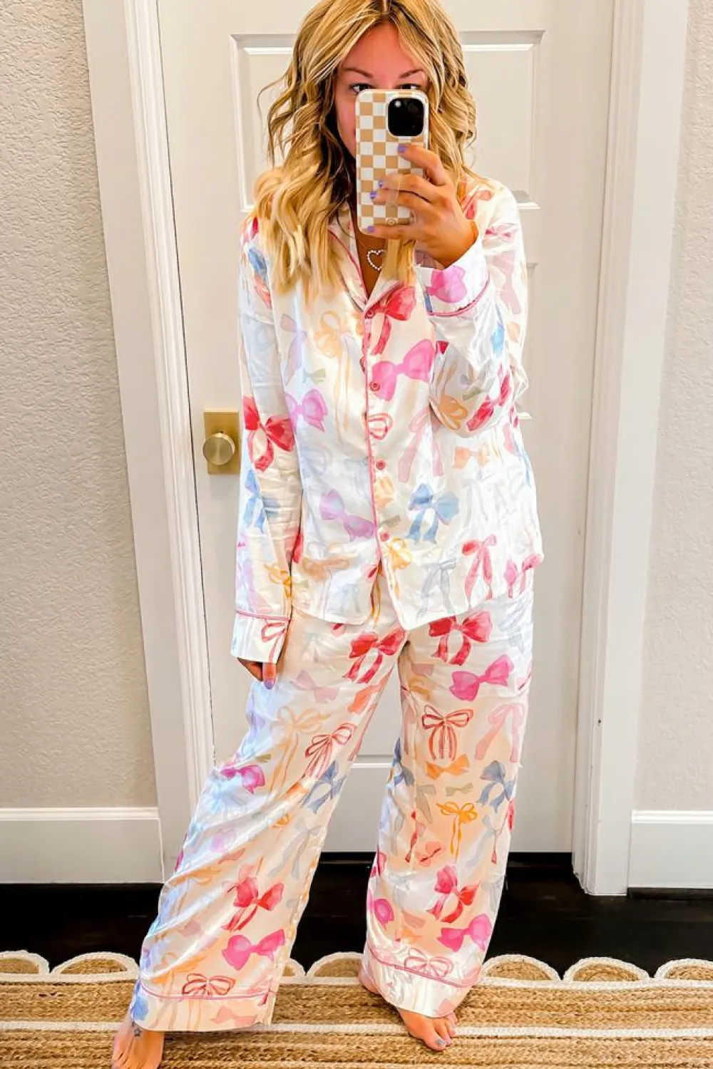 Clearance Dear-Lover Bow Knot Print Lapel Collar Wide Leg Satin Pajama Set White
