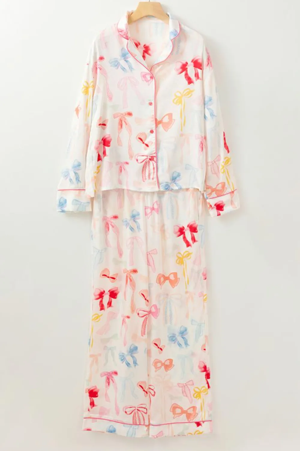 Clearance Dear-Lover Bow Knot Print Lapel Collar Wide Leg Satin Pajama Set White