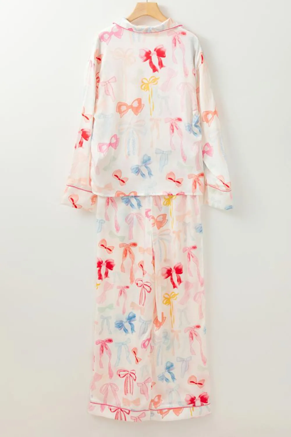 Clearance Dear-Lover Bow Knot Print Lapel Collar Wide Leg Satin Pajama Set White
