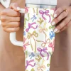 Fashion Dear-Lover Bow Knot Print Large Stainless Steel Vacuum Cup 40oz White