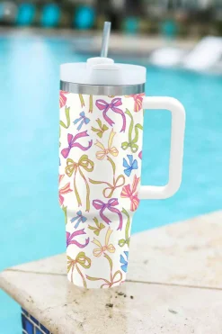 Fashion Dear-Lover Bow Knot Print Large Stainless Steel Vacuum Cup 40oz White