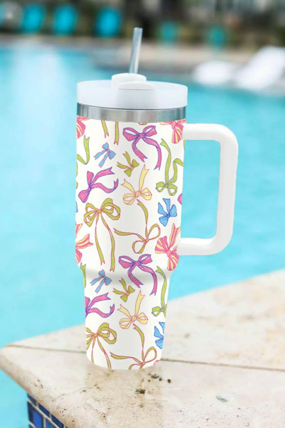 Fashion Dear-Lover Bow Knot Print Large Stainless Steel Vacuum Cup 40oz White
