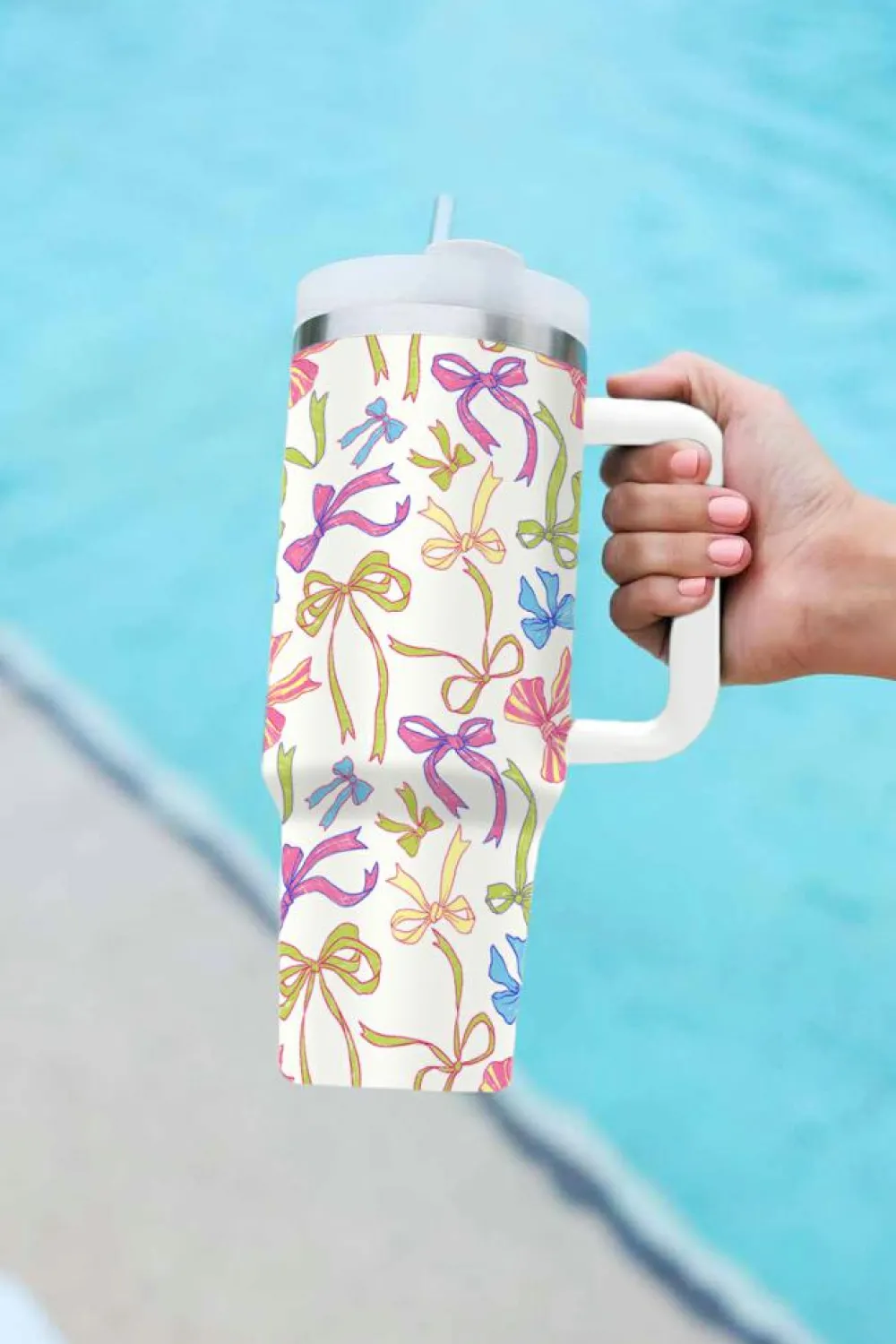 Fashion Dear-Lover Bow Knot Print Large Stainless Steel Vacuum Cup 40oz White