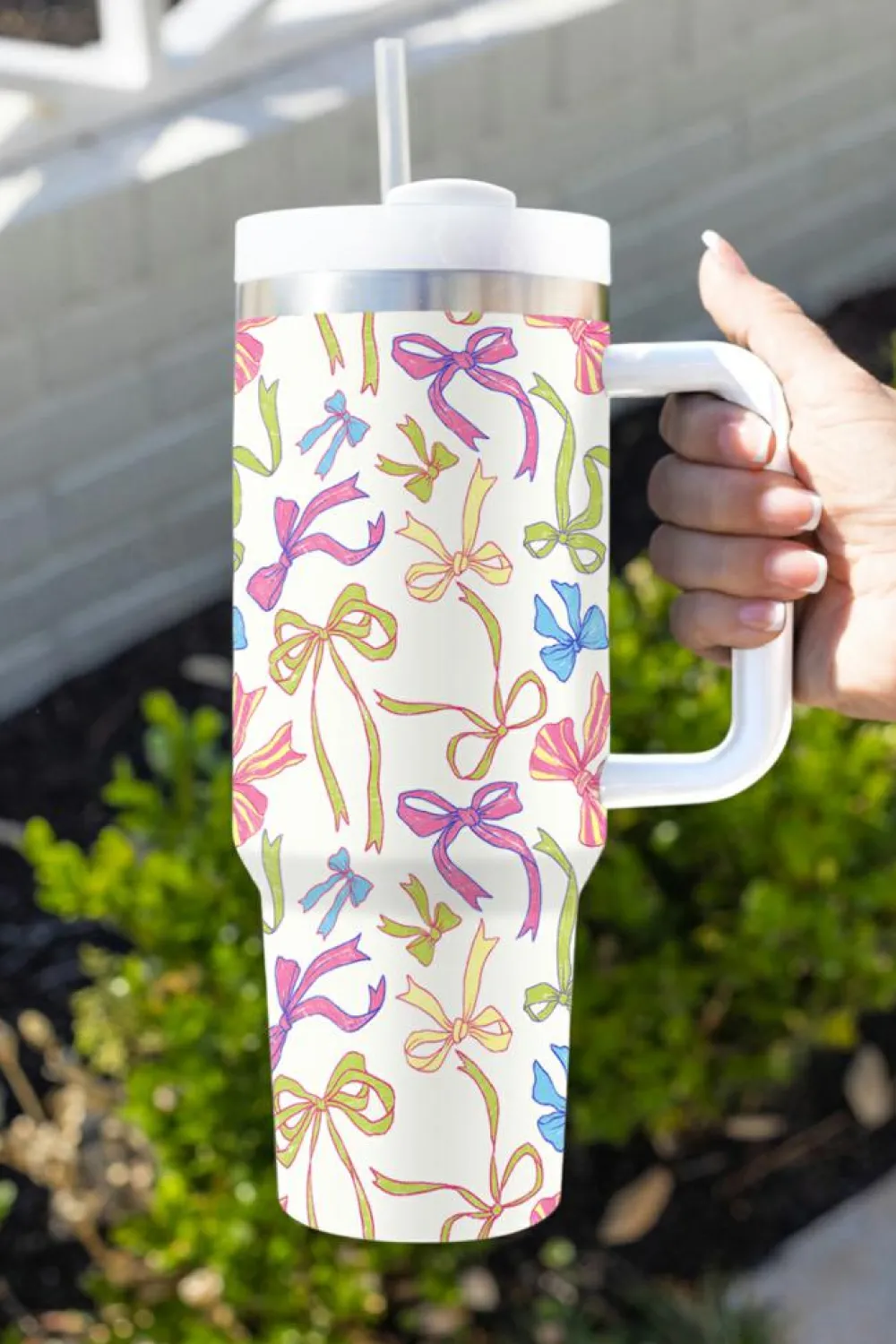 Fashion Dear-Lover Bow Knot Print Large Stainless Steel Vacuum Cup 40oz White