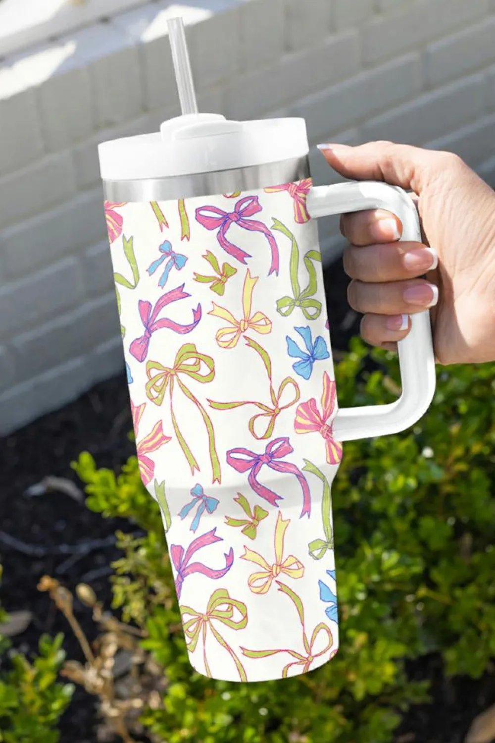 Fashion Dear-Lover Bow Knot Print Large Stainless Steel Vacuum Cup 40oz White