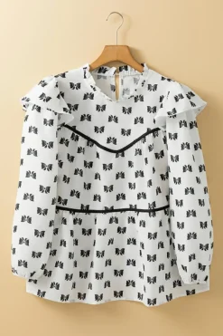 Discount Dear-Lover Bow Knot Print Piping Trim Ruffled Crew Neck Blouse White