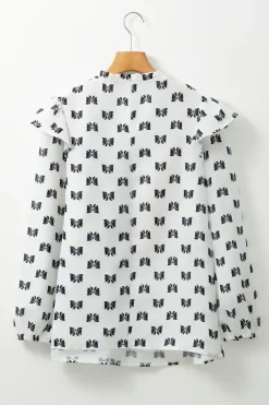 Discount Dear-Lover Bow Knot Print Piping Trim Ruffled Crew Neck Blouse White