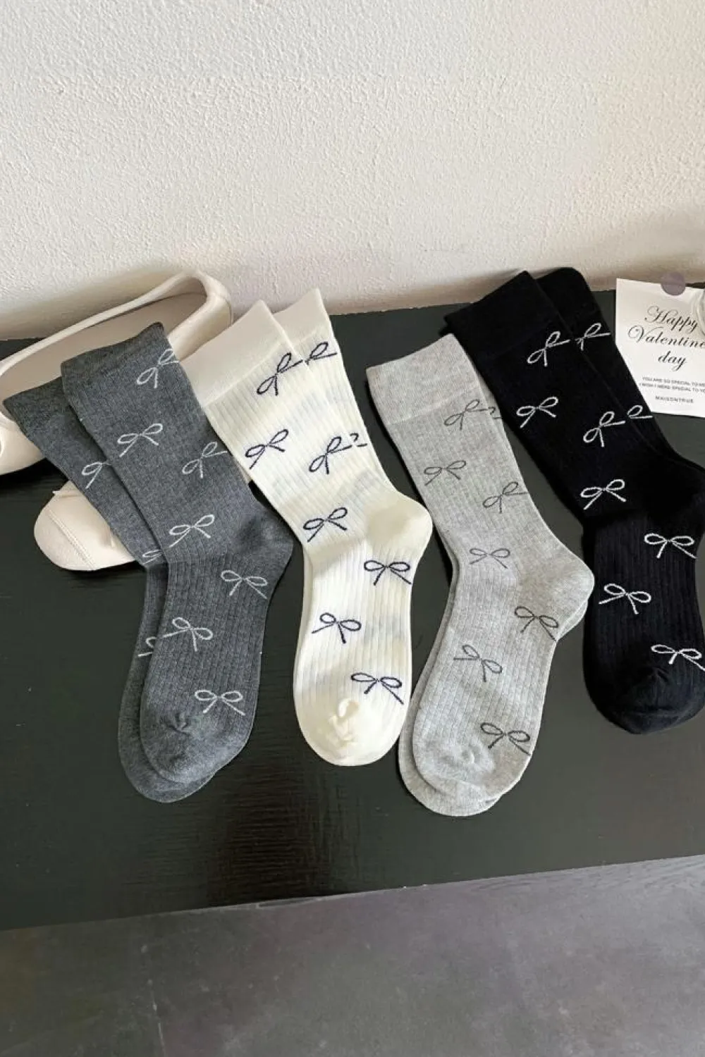 Online Dear-Lover Bow Knot Print Ribbed Crew Socks White