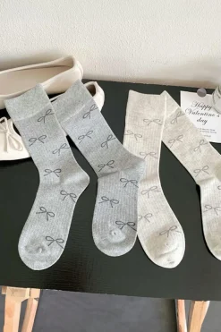 Online Dear-Lover Bow Knot Print Ribbed Crew Socks White