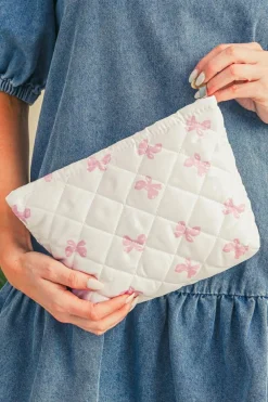 Outlet Dear-Lover Bow Knot Print Zipper Quilted Large Cosmetic Bag White