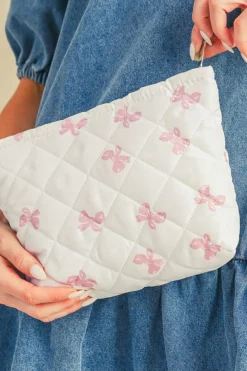 Outlet Dear-Lover Bow Knot Print Zipper Quilted Large Cosmetic Bag White