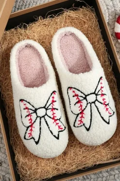 Clearance Dear-Lover Bow Knot Rugby Pattern Plush Warm Slippers White