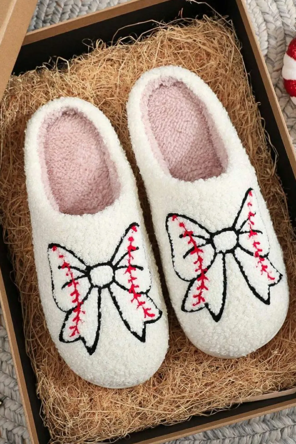 Clearance Dear-Lover Bow Knot Rugby Pattern Plush Warm Slippers White