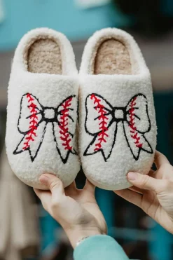 Clearance Dear-Lover Bow Knot Rugby Pattern Plush Warm Slippers White
